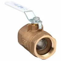 This APOLLO ball valve is a manual two-way valve with a 2-inch bronze body, straight pattern, and standard port. It features female NPT (FNPT) connections on both ends and a lever handle for operation. Suitable for on/off or redirecting flow in water, oil, and gas piping systems