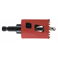 This hole saw with attached arbor is designed for cutting multi-material surfaces such as wood, metal, and plastic. It features a 1-inch diameter, 5/6 teeth per inch, and a 1/2"-20 thread size, with a maximum cutting depth of 1 7/8 inches. Suitable for creating clean holes in sheet metal, drywall, and composite materials during construction or maintenance work