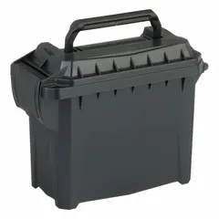 Compact plastic tool box in black with a hinged lid and padlock provision. Measures 4-1/4 inches wide by 6-1/2 inches deep by 6-1/2 inches high. Suitable for storing small hand tools, parts, or accessories in workshops, job sites, or home use.
