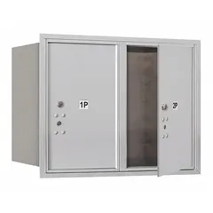 Horizontal multi-unit mailbox with two lockable front doors, designed for recessed mounting. Measures 23 7/8 inches high by 31 1/8 inches wide by 16 1/2 inches deep. Suitable for use in residential or commercial buildings requiring organized, secure mail collection for multiple tenants.