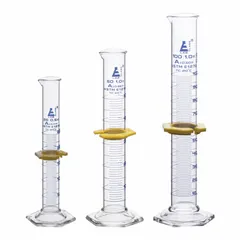This starter kit includes three Type A graduated cylinders with capacities of 25 mL, 50 mL, and 100 mL. Each cylinder is calibrated to contain (TC) and meets ASTM E1272 and USP Type I specifications. A removable bumper is included for protection. Suitable for precise liquid measurement in laboratory settings.