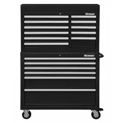 This heavy-duty top chest and rolling cabinet combo features 17 drawers with ball-bearing slides for smooth operation under load. The unit is finished in black powder coating and includes keyed locks for security. Typical applications include tool storage in industrial workshops, garages, and maintenance facilities.