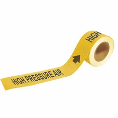 Yellow adhesive pipe marker with black legend reading 'High Pressure Air', designed for pipes with outer diameter 1-1/2 to 2 inches. Each roll contains 25 markers, each including arrows to indicate flow direction. Used to identify high-pressure air lines in industrial piping systems.