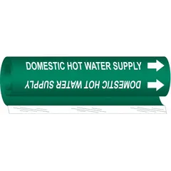 Green wrap-around pipe marker with white legend text reading 'Domestic Hot Water Supply' and directional arrows. Fits pipe outer diameters from 1/2 to 1-3/8 inches. Used to identify domestic hot water supply lines in commercial or industrial piping systems.