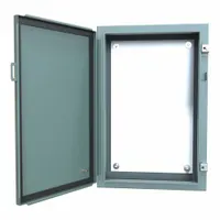 This steel enclosure measures 24 x 16 x 6 inches and is rated NEMA 12/13 for protection against dust, dirt, and non-corrosive liquids. It features a solid hinged cover secured by clamps and includes a mounting panel. Knockouts are not provided. Typical applications include housing electrical controls, instruments, and components in indoor industrial environments