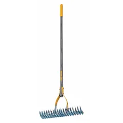 Steel-tine thatch rake with a 54-inch straight wood handle. Designed for removing dead grass and debris from lawns to promote healthy turf growth. Suitable for residential and commercial landscaping.