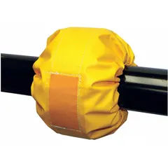PVC spray shield for 3/4 in pipe fittings, rated for ANSI Class 150 flanges with a maximum pressure of 150 psi. Yellow color provides visual identification. Used to contain spray or leaks from pipe joints in industrial piping systems.