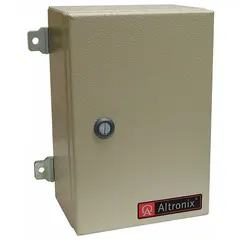 This power supply board with enclosure operates on 115V AC input and delivers 24V AC at 7A. The unit is housed in a steel NEMA 4-rated enclosure, providing protection against weather and dust. It is suitable for powering low-voltage equipment such as access control systems and security cameras in indoor or outdoor installations.