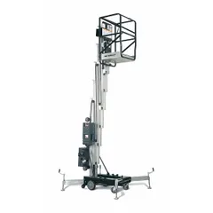 Push-around vertical lift with a 29.6 ft elevated platform height and a 25.9 in x 28 in platform. AC-powered and includes outriggers for stability. Suitable for indoor overhead work such as maintenance, installation, and facility tasks.