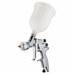 Aluminum-bodied conventional spray gun with 1/4 in BSP air inlet, 6.2 cfm @ 21.8 psi air consumption. Designed for applying dyes, glazes, lacquers, paints, and stains in industrial finishing, woodworking, and automotive refinishing tasks.