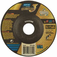 This NORTON Quantum 3 SG depressed center grinding wheel is designed for cool-cutting on carbon and stainless steel. With a ceramic construction and 20 grit, it provides efficient material removal in fabrication, welding, and metalworking applications where reduced heat buildup is critical. The Type 27 wheel measures 4 1/2" diameter, 1/4" thickness, and has a 7/8" arbor hole.