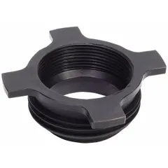 This bung adapter is made of nylon and fits 15, 30, and 55 gallon drums. It provides a connection point for dispensing or filling operations in industrial fluid handling applications.