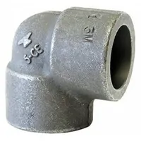This steel socket weld pipe fitting features female socket connections on both ends, rated for a maximum operating pressure of 2,000 psi at 150° F. It is used to change direction in high-pressure steel piping systems, such as hydraulic or steam lines