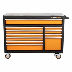 This heavy-duty rolling tool cabinet from GEARWRENCH measures 52 inches wide by 18 inches deep by 36 inches high. It features 11 drawers with fully extending slides and soft-close mechanisms, suitable for organizing tools in workshops, garages, and industrial environments.