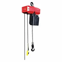 This Dayton electric chain hoist is a heavy-duty, hook-mounted unit designed for fixed-point lifting applications. It operates on 230/460V AC with a single speed and provides a headroom clearance of 28 to 30 inches. The hoist includes a chain container for organized storage.