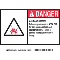 Polyester adhesive sign with Danger: Arc Flash Hazard message referencing NFPA 70E. Non-retroreflective, non-phosphorescent. Suitable for mounting on electrical enclosures to warn personnel of arc flash hazards and required PPE.