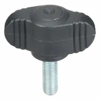 Wing knob with threaded stud for manual clamping, positioning, and adjustment on machinery and fixtures. Plastic body with steel threaded stud. M5 thread, 15 mm thread length, 28 mm diameter. Wing design enables quick hand tightening without tools