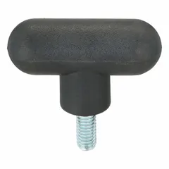 T-handle knob with threaded stud for manual clamping, positioning, and adjustment on industrial machinery, jigs, and fixtures. Plastic body with steel thread provides comfortable grip and secure fastening. Thread size 5/16"-18, thread length 0.75 in.