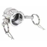 This Type D cam and groove coupling has a 6 in coupling size with 6 in -8 FNPT threads. Body is 304 stainless steel; gasket is nitrile. Overall length is 99.8 mm. No locking arm included. Used for quick-connect, leak-resistant joints in industrial hose and pipe systems for transferring liquids, powders, or gases