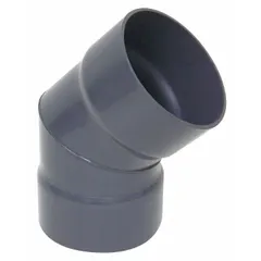 PVC elbow with 45° angle for 10-inch duct diameter. Features 10 3/4-inch inlet diameter, 17-inch overall length, and 2-piece construction. Used to redirect airflow in ventilation and fume exhaust ductwork.