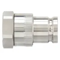 This 71 Series hydraulic quick-connect coupling plug features a 316 stainless steel body and a fluorocarbon seal. It is a female UNF type with a 3/4 in coupling size. Used for high-pressure fluid transfer in industrial hydraulic systems, including mobile equipment, machine tools, and process lines