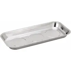 Rectangular magnetic parts tray from WESTWARD. Overall length 14 in, width 6-1/4 in, height 1-1/4 in. Designed to hold ferrous metal parts, fasteners, and tools during assembly, maintenance, or machining tasks, preventing them from rolling or scattering.