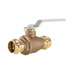 This manual two-way ball valve features a 3/4 in brass body with straight press x press connections and a full port ball port for minimal flow restriction. The locking lever handle secures the valve position, suitable for on/off control in plumbing and HVAC systems.