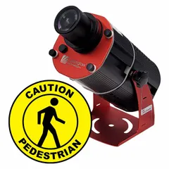 This 80 W LED projector includes a lens and image template with a Caution Pedestrian legend. It is designed to project a fixed safety message onto floors or walls in areas where pedestrian awareness is needed. Mounting brackets are included for installation.