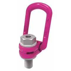Steel pivot and rotate hoist ring with a pink powder-coated bail. Thread size M16-2, maximum lifting capacity 4,400 lb. Used for overhead lifting and positioning of loads in industrial applications.