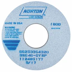 Type 1 straight grinding wheel, 14" diameter, 1 1/2" thickness, 5" arbor hole. Specification 5SG46-GVSP with G hardness. Designed for cool-cutting on all metals, suitable for deburring, weld preparation, and surface finishing on steel, stainless steel, and other alloys.