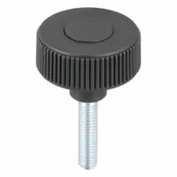 Knurled knob with threaded stud, 50 mm diameter, 3/8"-16 thread, 40 mm thread length. Gray plastic body with steel threaded insert. Used for manual adjustment and clamping in machinery, jigs, and fixtures