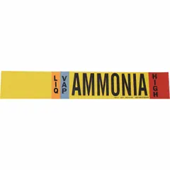 Ammonia adhesive pipe marker for high-pressure LIQ/VAP service. Fits pipes with outer diameter of 8 inches and larger. Supplied without directional arrows. Used to identify ammonia piping in industrial refrigeration systems.