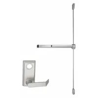 Aluminum rim-type exit device with touchbar style and lever outside trim. ADA compliant for doors up to 3 ft wide. Suitable for commercial egress applications requiring code-compliant panic hardware