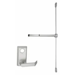 Aluminum rim-type exit device with touchbar style and lever outside trim. ADA compliant for doors up to 3 ft wide. Suitable for commercial egress applications requiring code-compliant panic hardware.