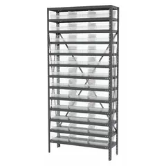 This one-sided stationary shelving unit features a gray steel frame and includes 36 clear polymer shelf bins. Each bin measures 4 in x 11-1/8 in x 11-5/8 in and is open-front for easy access. The unit has 13 shelves and overall dimensions of 36 in x 12 in x 79 in, suitable for organizing small parts in industrial, warehouse, and workshop settings.
