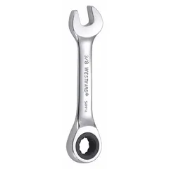 This SAE 12-point ratcheting combination wrench is made of alloy steel with a chrome finish. It features a 3/8 in head size and a 3 5/8 in overall length. The standard (non-reversible) design is suited for tightening or loosening fasteners in automotive repair, machinery maintenance, and general industrial assembly.