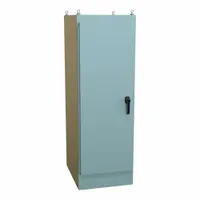 Steel enclosure with NEMA 12 rating for protection against dust, dirt, and dripping non-corrosive liquids. Measures 72 in x 24 in x 30 in with a solid hinged cover and handle closure. Knockouts not included. Suitable for indoor use in industrial environments to house electrical controls and components