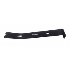 This 8-inch flat bar features a curved tip and an offset/U-shape end angle for prying and lifting. It includes three nail slots for nail pulling and is suitable for light demolition and maintenance tasks.