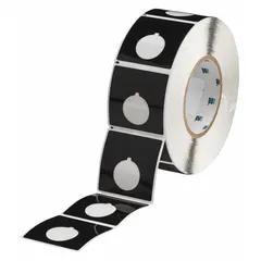 Polyester label roll with black gloss finish, precut for raised panel push button identification. Each label measures 2 13/32 x 2 13/32 inches, supplied 500 per roll. Compatible with BBP81 printer series. Used for labeling control panels and machinery in industrial environments.