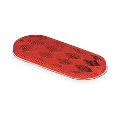 Red oval stick-on reflector with acrylic lens, measuring 4-3/8 in overall length and 1-7/8 in overall width. Meets SAE A standards for reflectivity. Used on trailers, trucks, and heavy equipment for low-light visibility and regulatory compliance.
