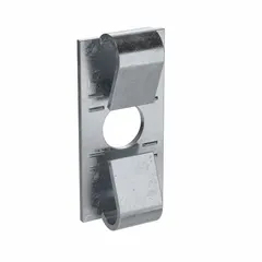 This steel end screw connector features a zinc-plated finish and measures 19 mm x 10 mm x 4.4 mm. Designed for use with 5 mm slot width profiles, it has one hole for secure attachment. Commonly used to terminate or join structural framing in industrial support systems, conveyor lines, and machine bases.