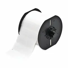 Vinyl wraparound label with white matte finish, precut to 15/16 in x 3/4 in. Designed for wire gauges 18 AWG to 8 AWG. Compatible with BBP33 printer series; requires ribbon B30-R4300. Used for permanent identification of wires in industrial panel building, electrical maintenance, and cable marking.