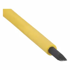 Insulated slotted screwdriver with a 1/8 in tip, 4 in shank length, and 6-3/4 in overall length. Designed for turning slotted screws in electrical work where protection against accidental contact with live circuits is needed. Suitable for maintenance, assembly, and repair tasks.