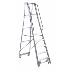 This 8 ft aluminum platform stepladder has a 300 lb load capacity and weighs 68 lb. It includes casters for rolling mobility, allowing the user to move the ladder without descending. Suitable for industrial maintenance, construction, and warehouse tasks.