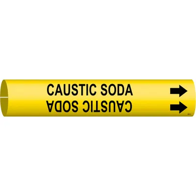 BRADY Pipe Marker: Caustic Soda, Yellow, Black, Fits 2 1/2 to 3 7/8 in Pipe O.D. - Caustic Soda Snap-On Pipe Markers