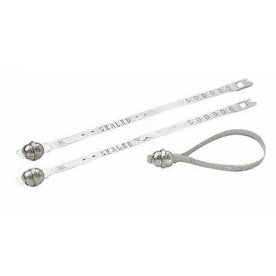 BRADY Strap Seals: Silver, Aluminum, 8 1/2 in Strap Lg, 1/4 in Strap Wd - Metal Strap Seals