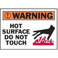 Polyester adhesive sign warns personnel of hot surfaces. Nominal size 3 1/2 in x 5 in, 0.01 in thick. Not retroreflective or glow-in-the-dark. Suitable for marking equipment, pipes, or machinery where surface temperature poses a burn hazard.