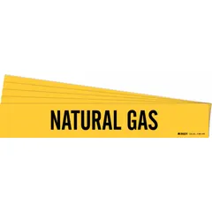 Yellow adhesive pipe marker with black 'Natural Gas' legend, designed for pipes with outer diameter 8 inches and larger. Pack of 5 markers without directional arrows. Used for identifying natural gas lines in industrial piping systems.