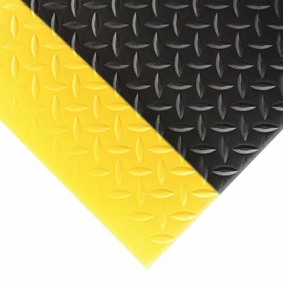 NOTRAX Antifatigue Runner: Diamond Plate, 2 ft x 75 ft, 1 in Thick, Black with Yellow Border - Wear-Resistant Antifatigue Mats