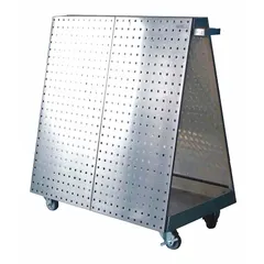 This A-frame mobile pegboard rack is constructed of stainless steel with a silver finish. It features 3/8-inch peg holes and measures 21 inches by 37 inches by 39 inches. The rack is equipped with two rigid casters for mobility. Typical applications include organized storage and display of tools or parts in workshops, warehouses, and maintenance facilities.